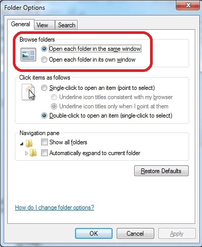 Windows 7 Control Panel, Folder Options